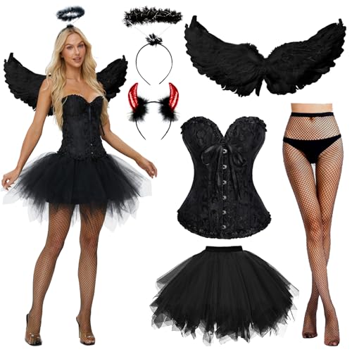 JONRRYIN Schwarz Engel Kostüm, Engel und Teufel Flügel Kostüm, engelsflügel kostüm damen mit Damen Schnürkorsett Top, Tüllrock, Heiligenschein und Teufel Hörner für Halloween Karneval (Schwarz-B, M) JONRRYIN Schwarz Engel Kostüm, Engel und Teufel Flügel Kostüm, engelsflügel kostüm damen mit Damen Schnürkorsett Top, Tüllrock, Heiligenschein und Teufel Hörner für Halloween Karneval (Schwarz-B, M) von JONRRYIN