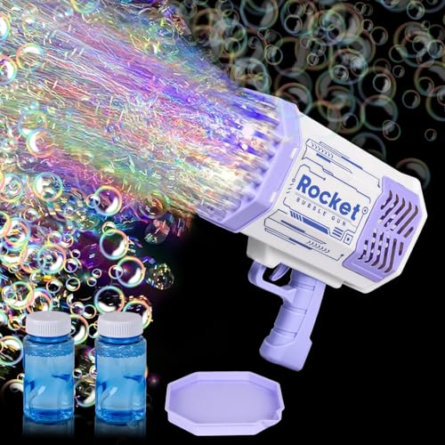JONRRYIN Seifenblasenpistole Set, Gatling Bubble Machine, 69 Löcher Seifenblasen Pistole, Automatischer Seifenblasenhersteller mit 2 Seifenblasen Flüssigkeit für Kinder Erwachsene Mädchen (Lila) von JONRRYIN