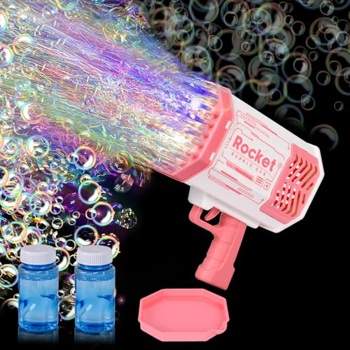JONRRYIN Seifenblasenpistole Set, Gatling Bubble Machine, 69 Löcher Seifenblasen Pistole, Automatischer Seifenblasenhersteller mit 2 Seifenblasen Flüssigkeit für Kinder Erwachsene Mädchen (Rosa) von JONRRYIN