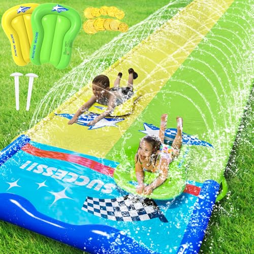 JONRRYIN Wasserrutsche, 600cm * 140cm Aufblasbare Wasserrutsche mit Bodyboards, Doppelrutsche mit Eingebautem Sprinkler, Wasserspielzeug Kinder für Sommer Garten, Pool, Outdoor JONRRYIN Wasserrutsche, 600cm * 140cm Aufblasbare Wasserrutsche mit Bodyboards, Doppelrutsche mit Eingebautem Sprinkler, Wasserspielzeug Kinder für Sommer Garten, Pool, Outdoor von JONRRYIN