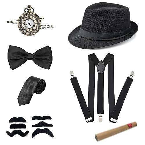 20er Jahre Accessoires Herren, Mafia Kostüm Herren, Peaky Blinders Kostüm, Gangster Kostüm Herren mit Panama Gangster Hut Verstellbar Hosenträger Taschenuhr Fliege Krawatten Bärte für Karneval Partys 20er Jahre Accessoires Herren, Mafia Kostüm Herren, Peaky Blinders Kostüm, Gangster Kostüm Herren mit Panama Gangster Hut Verstellbar Hosenträger Taschenuhr Fliege Krawatten Bärte für Karneval Partys von JOPHEK