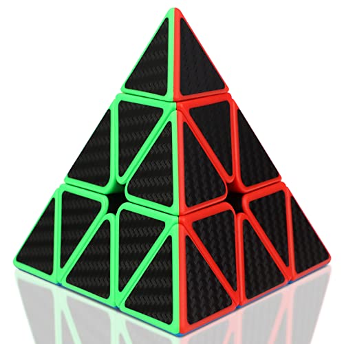 JOPHEK Zauberwürfel Pyramide, 3x3 Pyraminx Speedcube Magic Cube Knobelspiele für Kinder, Puzzle Cube for Beginners & Advanced Players (Kohlefaser-Aufkleber) von JOPHEK