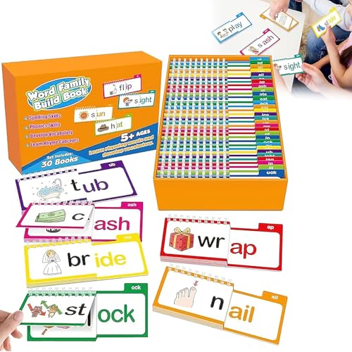 30 Lese- und Reim-Flip-Bücher – Wortfamilien Lernkarten – ABC-Vokabel-Ansichtswörter Lernkarten – Wortspiele für Kinder – Lernspiele (1 Set) von JOPWUE
