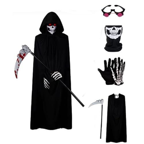 Set mit 5 Halloween-Kostümen, Sensenmann, Sensenmann, für Erwachsene und Kinder, Halloween-Skelett-Reaper mit schwarzem Umhang, Sensenmann, Vampir-Kostüm, Cosplay-Zubehör für Halloween-Party Set mit 5 Halloween-Kostümen, Sensenmann, Sensenmann, für Erwachsene und Kinder, Halloween-Skelett-Reaper mit schwarzem Umhang, Sensenmann, Vampir-Kostüm, Cosplay-Zubehör für Halloween-Party von JOPWUE
