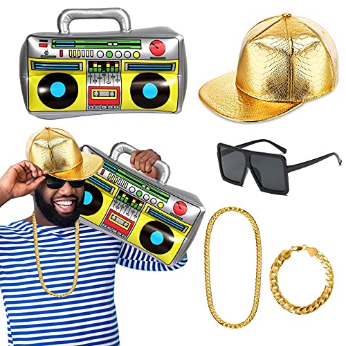 JORAKI Hip Hop Kostüm Kit enthält Golden Baseball Cap Aufblasbare Boombox Faux Gold Kette 80er Jahre 90er Jahr Rapper Zubehör, Cool Rapper Outfits Kostümzubehör von JORAKI