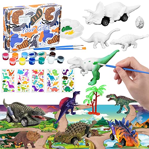 JORAKI Spielzeug Dinosaurier Malset für Kinder, Dino Bastelset Kinder mit 4 Dino Auto und 6 3D Dinosaurier Figuren - Malen Sie Ihr Eigenes Dino- Geschenke für Alter 3 4 5 6 7+ Jahre Jungen Mädchen von JORAKI