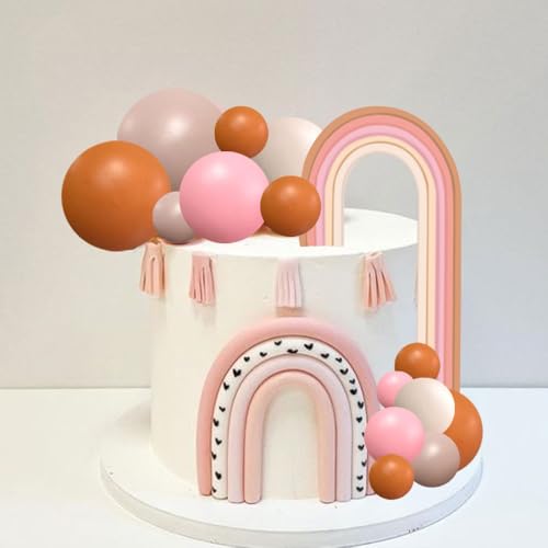 28 Stück Regenbogen-Kuchenaufsätze, Kugeln, Kuchendekoration, Boho-Kuchendekoration für Sommer, Babyparty, Geburtstag, Boho, Hochzeit, Jahrestag (Rosa) von JORCEDI
