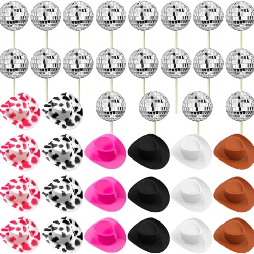 JORCEDI Cupcake-Topper, Discokugeln, Cowboyhut, Cupcake-Topper, 70er-Jahre, Disco-Kuchendekoration, Dekoration für Geburtstag, Hochzeit, Zeremonie, Feier, Partyzubehör (bunt), 40 Stück von JORCEDI