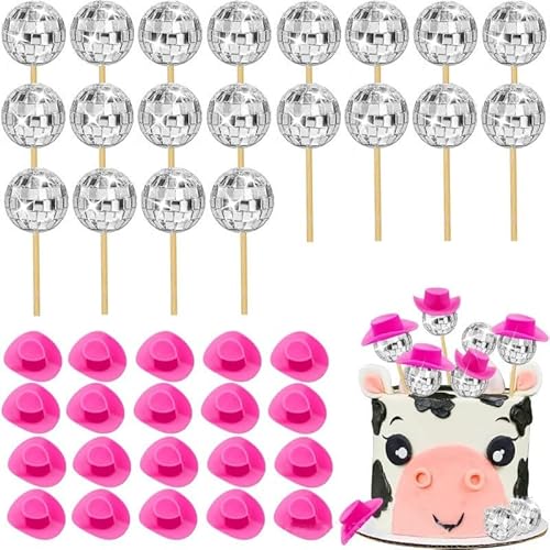 JORCEDI Cupcake-Topper mit Cowboyhut, Discokugel, 70er-Jahre, Disco-Kuchendekoration, Dekoration für Geburtstag, Hochzeit, Zeremonie, Feier, Partyzubehör (Rosa), 40 Stück von JORCEDI