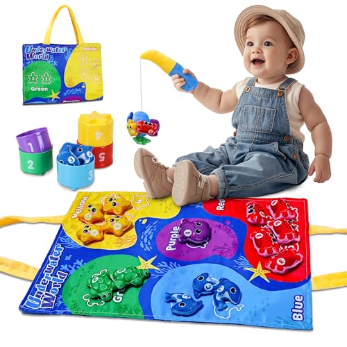 JOSEN Montessori Kinderspielzeug 1 Jahr, Stoff-Angelset für Kleinkinder von 1-3 Jahren mit stapelbaren Bechern, Farbsortierung, Babyspielzeug 6-12 Monate für Kinder u von JOSEN