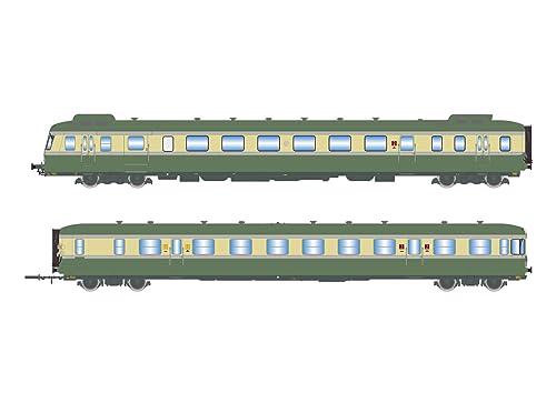 SNCF Dieseltriebwagen RGP II X 2716 und Beiwagen XR 7719, grün-beige Lackierung, mit Abgasleitblechen, ohne Logo, Periode III–IV, mit DCC-Sounddecoder von JOUEF