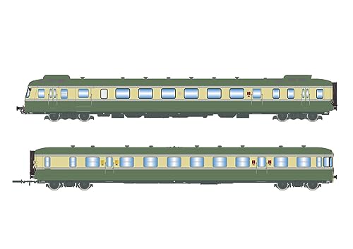 SNCF Dieseltriebwagen RGP II X 2719 und Beiwagen XRAB 7708, grün-beige Lackierung, mit Abgasleitblechen, aktualisiertes Logo, Periode IV, mit DCC-Sounddecoder von JOUEF