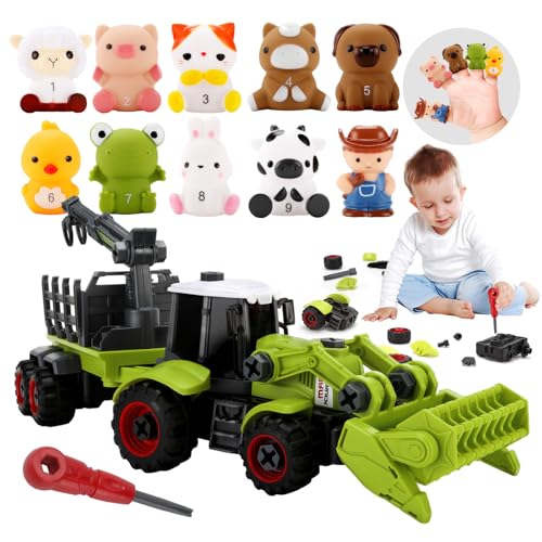 JOWBORS Traktor Spielzeug ab 3 Jahre Bauernhof Spielzeug Set 10 Fingerpuppen für Kinder und 1 DIY robuster Trecker mit Anhänger und Schraubendreher Spielzeug Geschenke ab 3 Jahre Jungen von JOWBORS