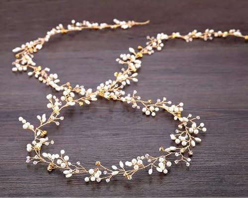 JOY STORE Braut-Stirnband 50 cm, mit Perlen und Strasssteinen. Handgefertigter silberner Haarschmuck für die Braut… (Gold) von JOY STORE