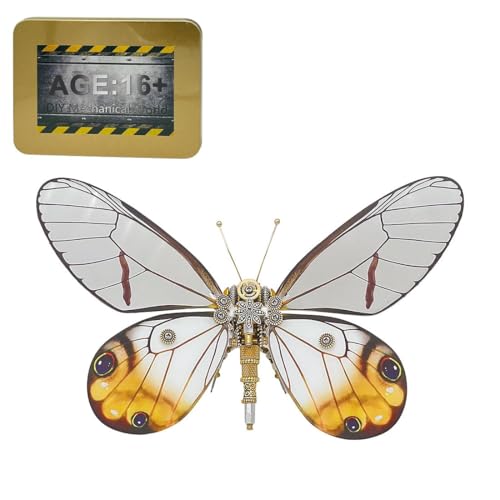 JOYARCH 150+Teile 3D Metall Schmetterling Puzzle Kit Erwachsene, DIY Steampunk Schmetterling Montage Modell Kreatives Ornament (Gelb & Weiß) von JOYARCH