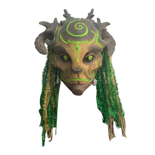 JOYARCH Grüne Elfen Latexmaske Waldbaum Maskenball Realistische gruselige Dämonen Cosplay Maske für Halloween Kostümparty (leuchtend mit Haaren) von JOYARCH