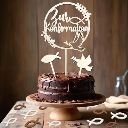 Tortendeko Konfirmation, Cake Topper Kuchen Deko Tortenstecker Konfirmation Deko Junge Mädchen mit 48 Holzfische Streudeko Tischdeko von JOYEASE