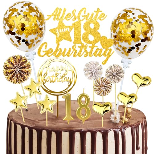 Tortendeko 18. Geburtstag Junge Mädchen, 20 Stück Cake Topper, Glitzer Alles Gute zum 18. mit Geburtstagskerzen für Party Deko (Gold) von JOYEASE