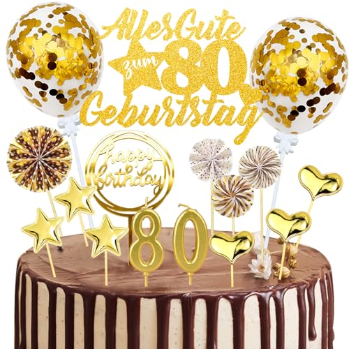 Tortendeko 80. Geburtstag Mann Frau, 20 Stück Gold Kuchendeko Cake Topper 80 Geburtstag Deko, Glitzer Alles Gute zum 80 Geburtstag mit Geburtstagskerzen Konfetti Luftballons Papierfächer Tortendeko 80. Geburtstag Mann Frau, 20 Stück Gold Kuchendeko Cake Topper 80 Geburtstag Deko, Glitzer Alles Gute zum 80 Geburtstag mit Geburtstagskerzen Konfetti Luftballons Papierfächer von JOYEASE