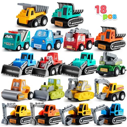 JOYIN 18 Stück Zurückziehen Spielzeugfahrzeug-Set, Mini-Truck-Modellautos, reibungsbetriebenes Fahrzeugset für pädagogisches Rollenspiel für Kleinkinder, Jungen und Mädchen von JOYIN