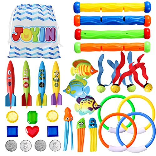 32 Stück Tauchen Pool Spielzeug Set enthält Tauchringe, Tauchen Sticks, Toypedo Bandits, Tauchen Spielzeug Bälle, Kraken, Fische & Piraten Schätze, Unterwasser versinken Pool Spielzeug für Kinder von JOYIN