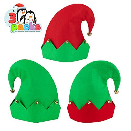 3er Pack Weihnachtselfen Filzhut Weihnachtsfeiertagshüte mit Einheitsgröße für die meisten Unisex-Hüte für Jingle Bells Kinder, Jugendliche, Erwachsene Grün von JOYIN