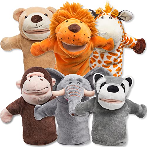 JOYIN 6 Stück Tier Handpuppen Spielzeug Set für Kinder,Freunde Im Tiergarten, Deluxe plüschtiere Kinderhandpuppen mit beweglichem offenem Mund für EIN fantasievolles Spiel von JOYIN