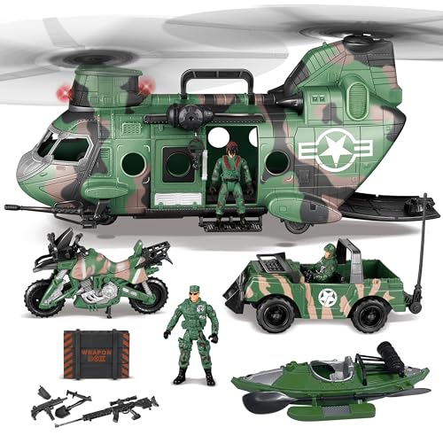 JOYIN 10-in-1 Jumbo Militär-Transporthubschrauber-Spielzeug-Set, einschließlich Hubschrauber mit realistischem Licht und Sound, Militär-LKW, Kajak-Boot, Motorrad, Armee-Männer-Actionfiguren von JOYIN