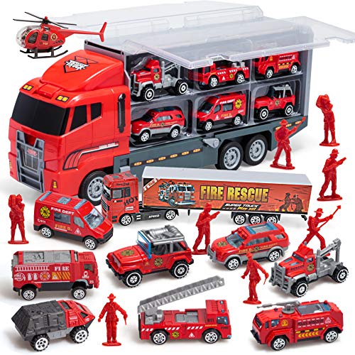JOYIN 10 Mini-Feuerwehrauto in 1 Feuertransport LKW Spielset, mit 8 Feuerwehrmann Modelle, Rettung Feuerwehrauto Spiele für Kinder Jungen Alter 3+ von JOYIN