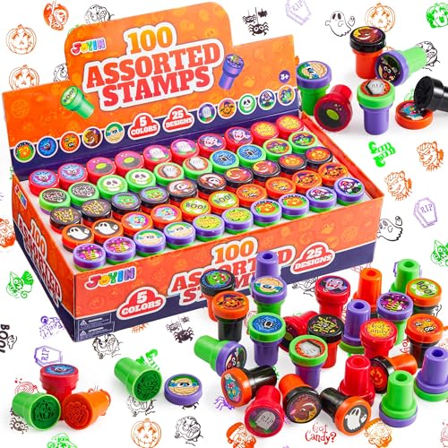 JOYIN 100 Stück Halloween Stempel Set Kinder Selbstfärbende Stempelset (25 verschiedene Designs, 4 Farben Plastik Stempels, Süßes oder Saures, gespenstig Stempels) für Halloween Party, Spiel Preise von JOYIN