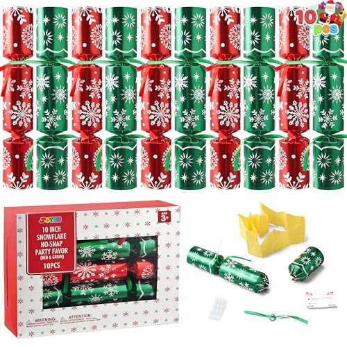 JOYIN 10er-Pack Weihnachts-Party-Tischgeschenke ohne Druckknopf mit rotem und grünem Schneeflocken-Design, mit Partyhut, Witz und kleinem Geschenk darin, für weihnachtliche von JOYIN