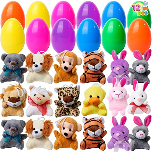 JOYIN 12 Stück Gefüllte Ostereier mit 12 Mini Plüsch Schlüsselanhänger, Ostern Schlüsselkette Plüschtiere Spielzeug，Baster Stuffer für Kinder Osterei Jagd Filler Stuffer Party Geschenk von JOYIN