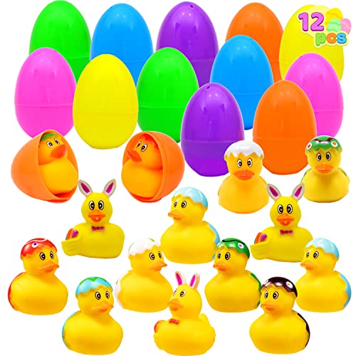 JOYIN 12 Stück gefüllte Ostereier mit Gummiente, bunte Ostereier mit verschiedenen gelben Enten zum Spaß, Ostern Eier für Ostern Partyzubehör, Osterkorb Füllstoffe, Osternest, Kinderspielzeug von JOYIN