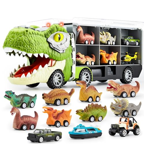 JOYIN 13 Stück Dinosaurier Spielzeug Autotransporter für Kinder,mit 12 zurückziehbaren Dinosaurier-Autofahrzeugen, 1 Spielzeug-Dinosaurier-Transportwagen mit Musik,Sound, Lichtern, 1 Hubschrauber von JOYIN