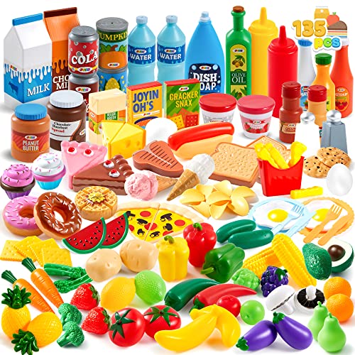 JOYIN 135 Stück Pretend Küche Spielen Lebensmittel Spielzeug mit Obst, Gemüse, Geschirr, Flasche Kinder pädagogische Küche Spielzeug für Kleinkinder Jungen und Mädchen von JOYIN