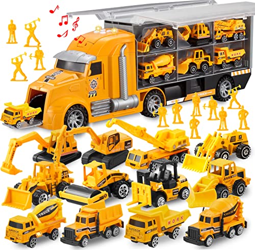 JOYIN 25-in-1-Spielzeugset aus Druckguss-Baufahrzeugen (einschließlich Transporter, Bagger, Kipper, Traktor) mit Geräuschen und Lichtern im Transporter, Kindergsgeschenke für Jungen ab 3 Jahren von JOYIN