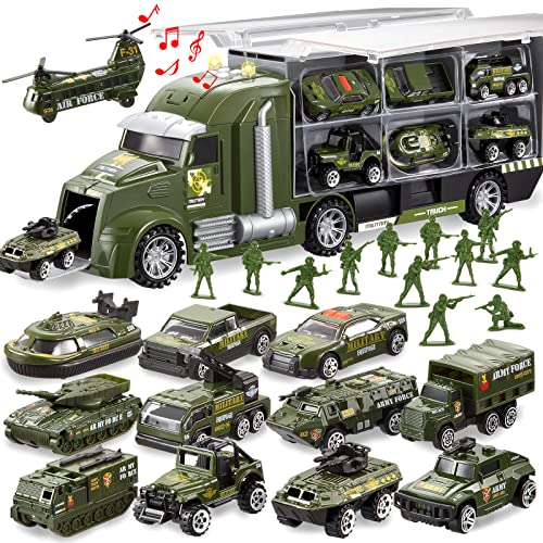 JOYIN 25-in-1 Druckguss-Militär-LKW-Spielzeugset mit Spielzeugsoldaten, Armeefahrzeug Spielzeug im Transporter mit Lichtern und Geräuschen, Kindergeburtstagsgeschenke für Jungen ab 3 Jahren (grün) von JOYIN