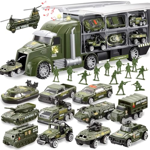 JOYIN 25-in-1 Druckguss-Militär-LKW-Spielzeugset mit Spielzeugsoldaten, Armeefahrzeug Spielzeug im Transporter mit Lichtern und Geräuschen, Kindergeburtstagsgeschenke für Jungen ab 3 Jahren (grün) JOYIN 25-in-1 Druckguss-Militär-LKW-Spielzeugset mit Spielzeugsoldaten, Armeefahrzeug Spielzeug im Transporter mit Lichtern und Geräuschen, Kindergeburtstagsgeschenke für Jungen ab 3 Jahren (grün) von JOYIN