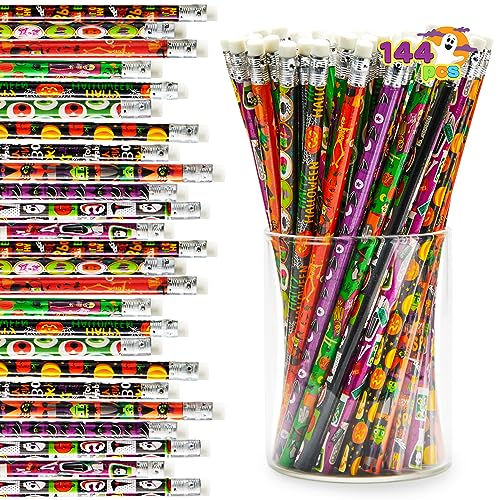 JOYIN 144er-Pack Halloween-Bleistifte mit Radiergummi, 12-Design-Halloween-Briefpapier-Set für Kinder als Geschenk, Holz-Zeichenstifte, Halloween-Partyzubehör, Süßes oder Saures-Geschenktütenfüller von JOYIN