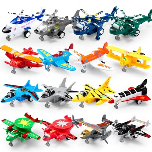 JOYIN 16-teiliges Flugzeug Spielzeug zum Zurückziehen, Spielzeug ab 3 Jahren Jungen, Flugzeug Spielzeugset Hubschrauber Kampfjet, Geschenke für Kinder im Alter von 2-8 Jahren von JOYIN