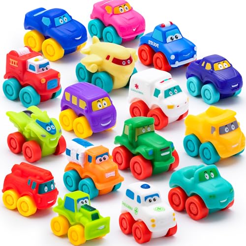 JOYIN Cartoon Fahrzeug, Soft Rubber Spielzeug Auto Set, Mini Spielzeug Fahrzeuge, Spielzeugauto für Kleinkinder, Geschenk für Jungen und Mädchen Weihnachten Geburtstag, Sommer, Party Favors von JOYIN