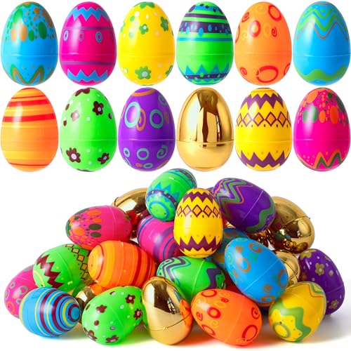 JOYIN 18 Stück bedruckte Ostereier, darunter 8 goldene Eier, 7,6 cm große bunte Ostereier aus Kunststoff, befüllbare leere Eier für die Ostereiersuche, Korbfüller, Eier-Kleinkind-Geschenk JOYIN 18 Stück bedruckte Ostereier, darunter 8 goldene Eier, 7,6 cm große bunte Ostereier aus Kunststoff, befüllbare leere Eier für die Ostereiersuche, Korbfüller, Eier-Kleinkind-Geschenk von JOYIN