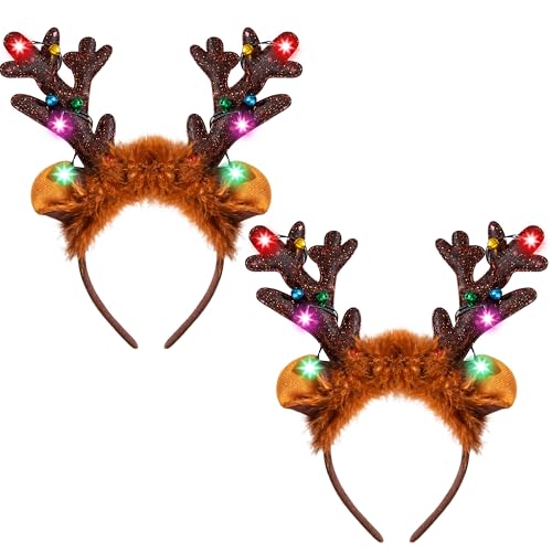 JOYIN 2 Stück Rentier Stirnband mit LED, Weihnachten Haarband für Weihnachten Weihnachtsfeiern Party Haarschmuck (Einheitsgröße) von JOYIN