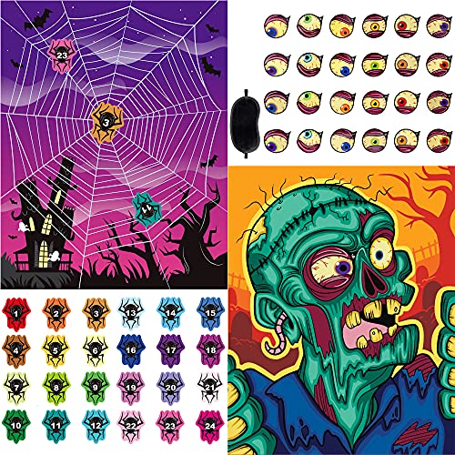 JOYIN 2 Stück große Halloween-Pin The Eyeball on Zombie und Pin The Spiders on The Web Partyspiele in 2 Designs mit 2 Postern, 24 Augäpfel, 24 Spinnen lustiges Kindergeschenk Halloween-Partyzubehör von JOYIN