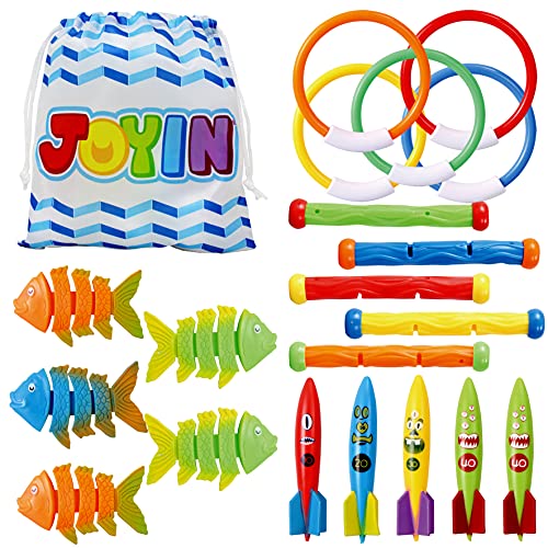 JOYIN 20 Stück Tauchspielzeug mit Bonus-Aufbewahrungstasche enthält 5 Tauchstöcke, 5 Tauchringe, 5 Wurf-Torpedos, 5 Tauchfischspielzeug, EIN unter Wasser sinkendes Schwimmbadespielzeug für Kinder von JOYIN
