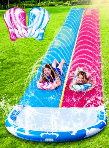 JOYIN 22,5ft/685.8cm Wasserrutsche und 2 Bodyboards, Garten-Wasserrutsche Sommer-Rutsch-Wasserrutschen Wasserspielzeug mit eingebautem Sprinkler für Outdoor-Wasserspaß für Kinder, Blau, Rosa von JOYIN