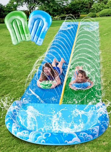 JOYIN 22,5ft Wasserrutsche und 2 Bodyboards, Garten-Wasserrutsche Sommer-Rutsch-Wasserrutschen Wasserspielzeug mit eingebautem Sprinkler für Outdoor-Wasserspaß für Kinder, Blau, Grün von JOYIN