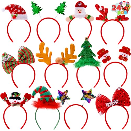 JOYIN 24 Stück Weihnachts-Stirnbänder mit 12 Designs, klassische Kopfbedeckung mit Weihnachtsmotiv, Rentier, Weihnachtsmann, Weihnachtsbaum, Schneemann, Weihnachts-Haar-Accessoire von JOYIN