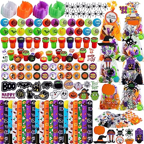 JOYIN 24 Stück vorverpackte Halloween-Spielzeug-Sets für Kinder inklusive Vampirzähne, Hüpfbälle, Spinnen, Halloween-Stempel, Aufkleber, für Halloween Süßes oder Saures, Party Geschenk-Set von JOYIN