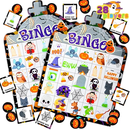 JOYIN 28 Halloween Bingo Spielkarten (5 x 5) für Kinder Halloween Party Kartenspiele, Schule Klassenzimmer Spiele, Trick oder Behandlung, Halloween Party Favors Supplies, Familienaktivität von JOYIN